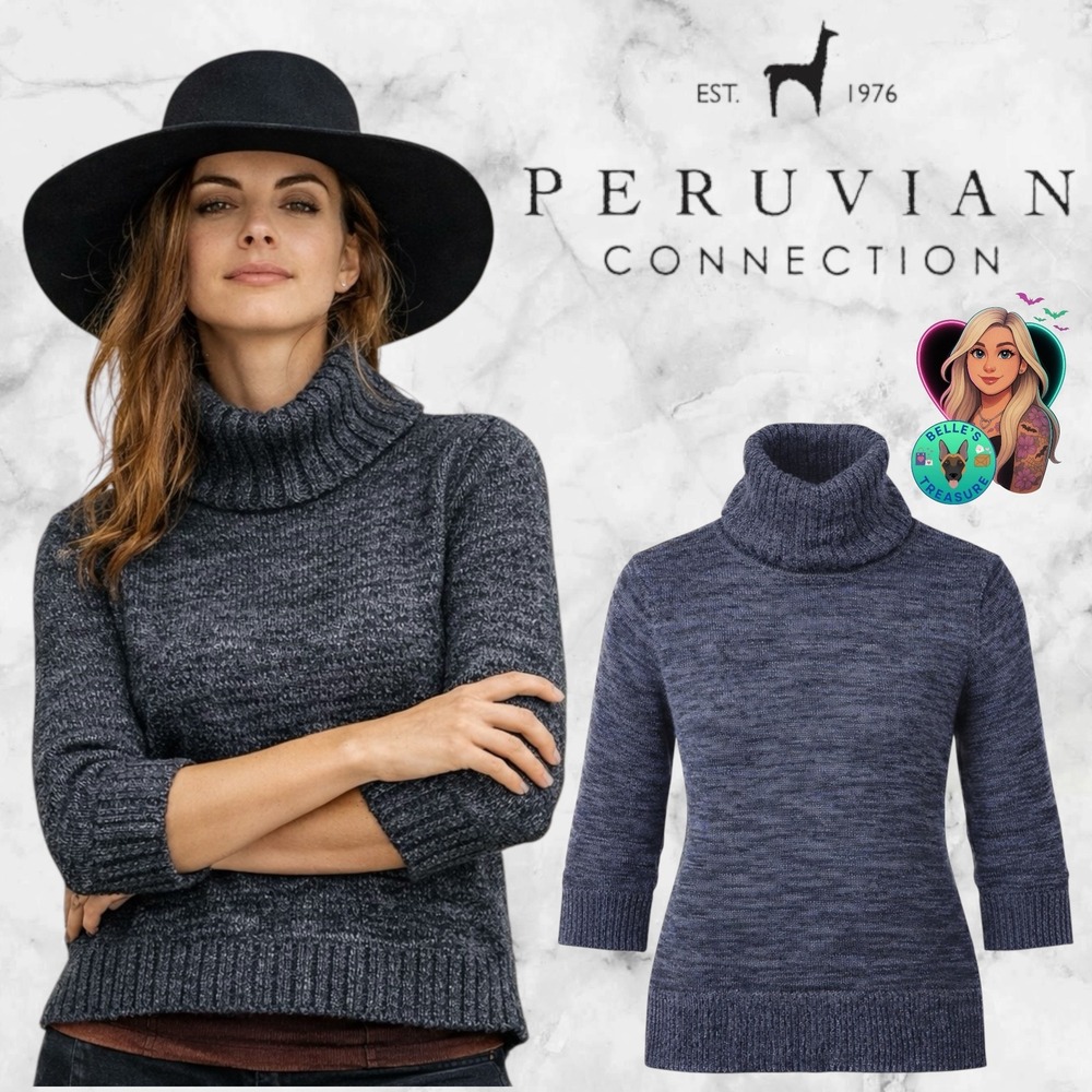 Peruvian Connection Blue Space Dye Turtleneck 3/4 Sleeve Knit Sweater Womens M